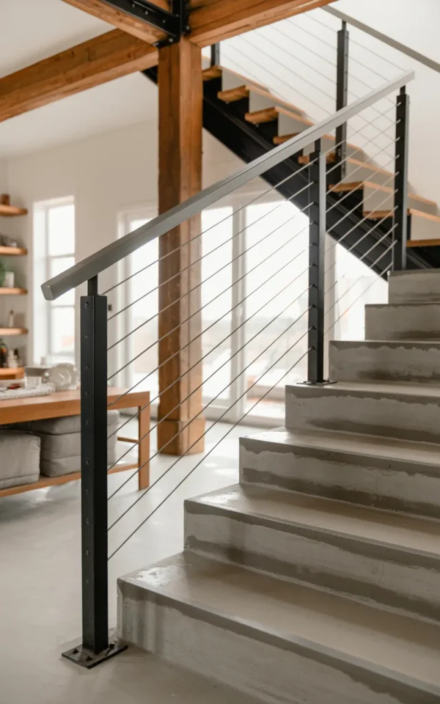 Combine concrete with cable railings for a modern farmhouse twist