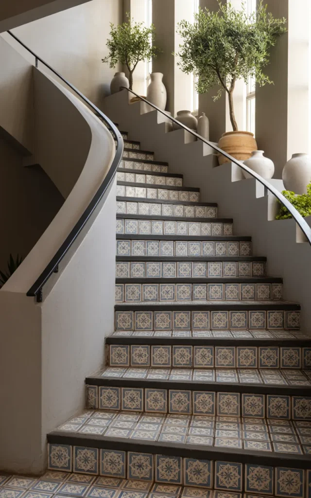 Combine patterned risers with minimalist treads for balance