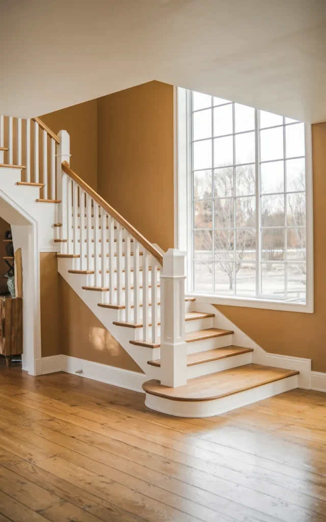 Contrast White Risers with Natural Wood Treads