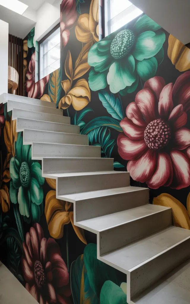 Contrast concrete stairs with a bold patterned wallpaper