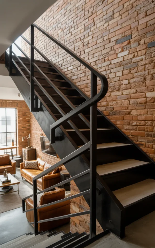Contrast slim steel stairs against exposed brick