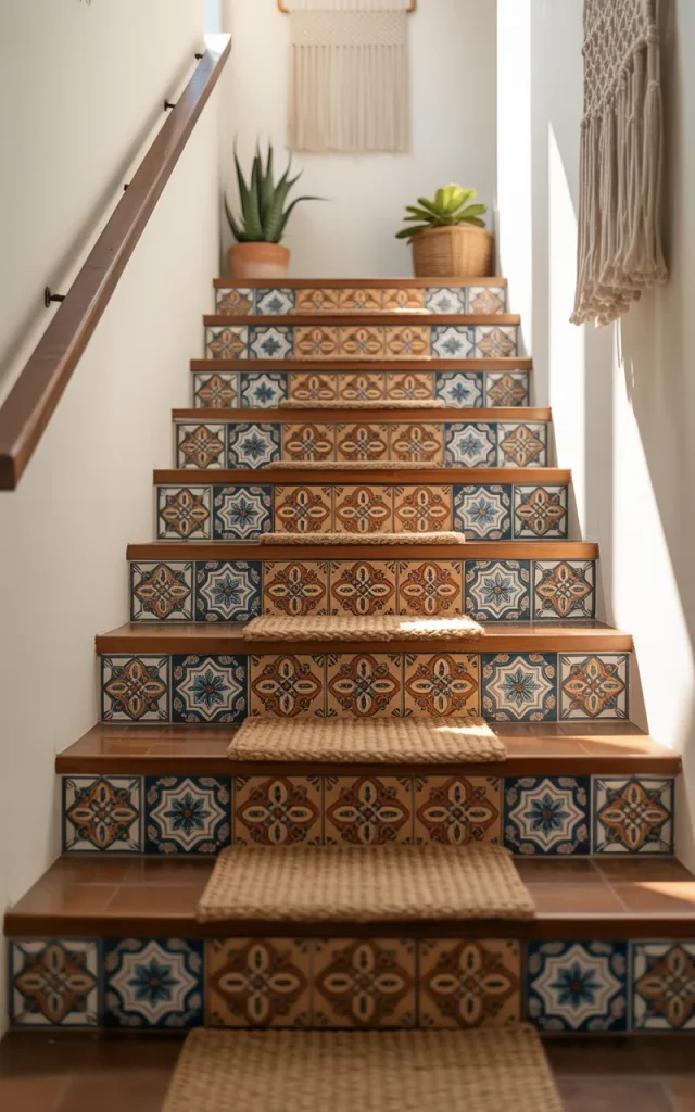 Cover the stair risers with patterned wallpaper