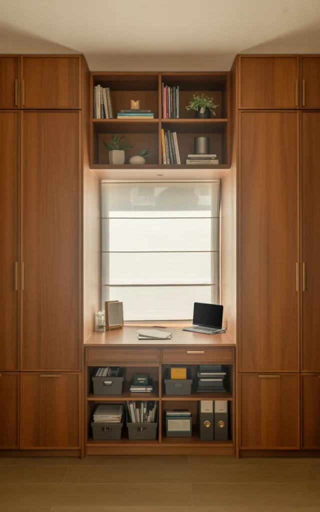 Create a built-in desk between cabinets.