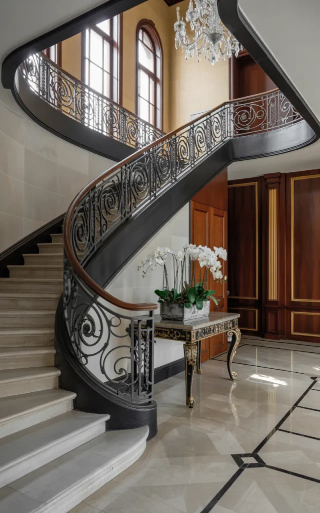 Create a double-height staircase with dramatic ironwork