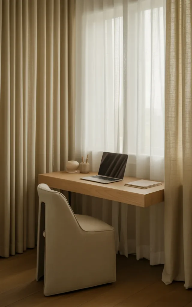 Create a dual-purpose office behind curtains.