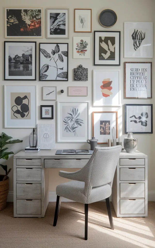 Create a gallery wall with personal artwork.