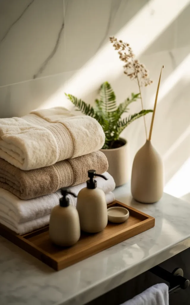 Create a layered hotel-style shelf