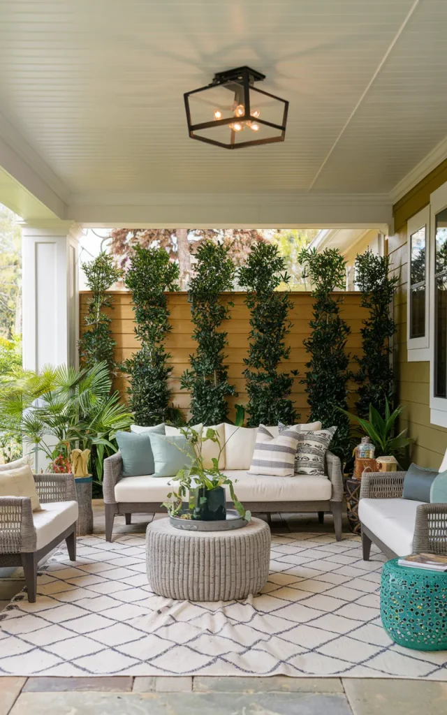 Create a layered retreat with lighting, greenery, and comfort.