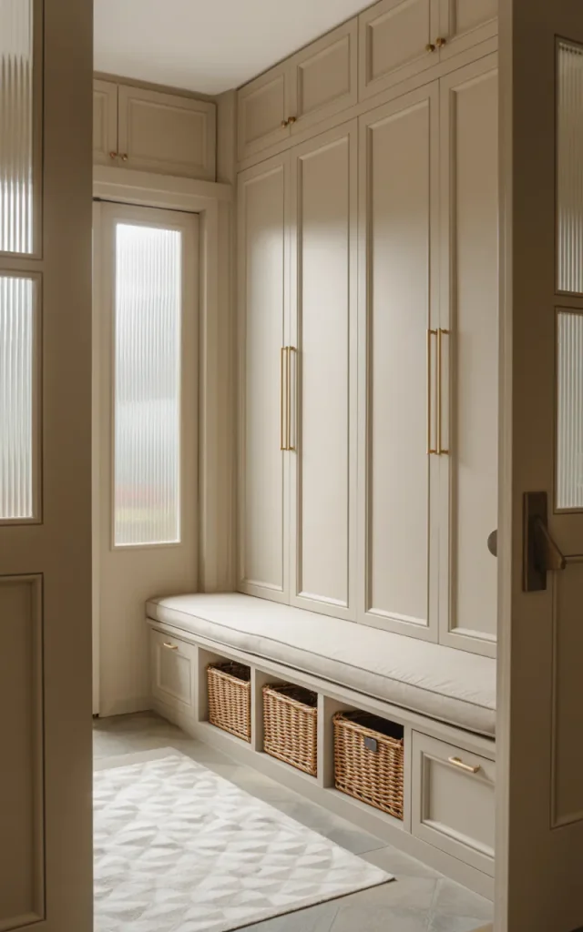 Create a polished monochromatic mudroom.