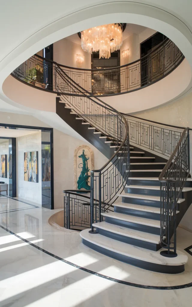Create contrast with matte black steel and marble