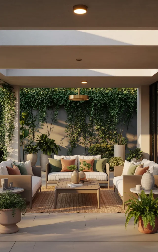 Design a covered patio with a complete outdoor living room.
