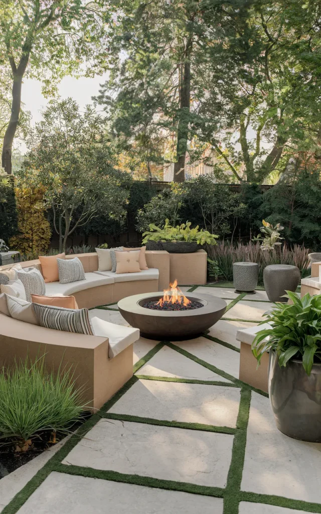 Design a curved seating arrangement around a focal point.