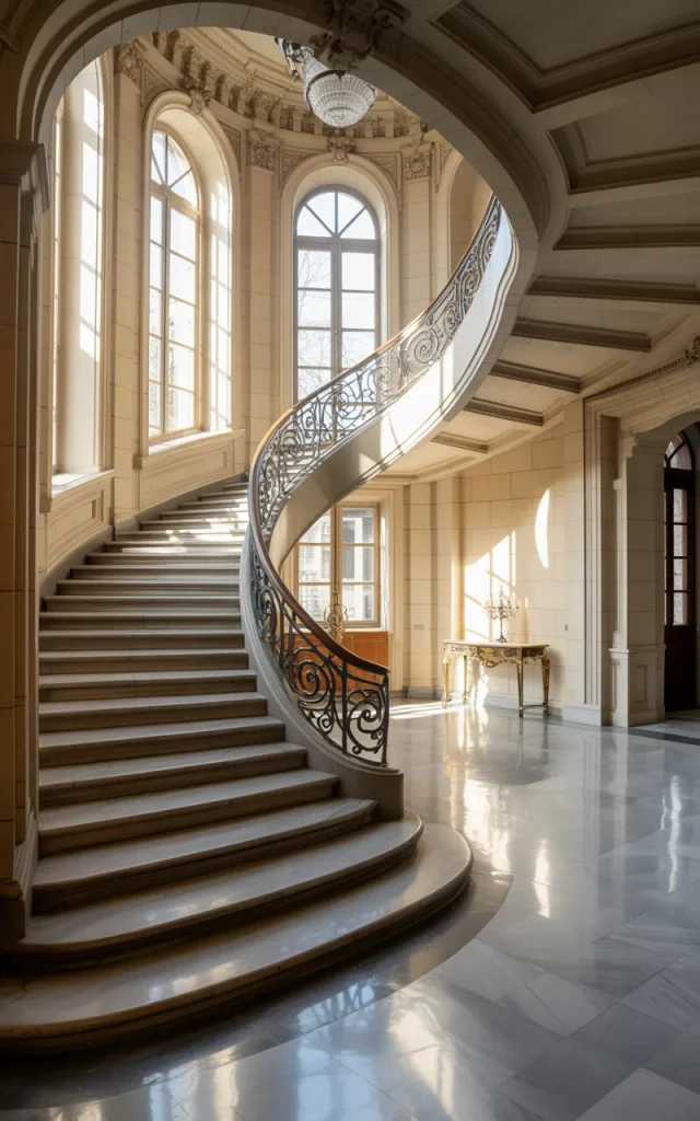 Design a grand entrance staircase with sweeping iron railings