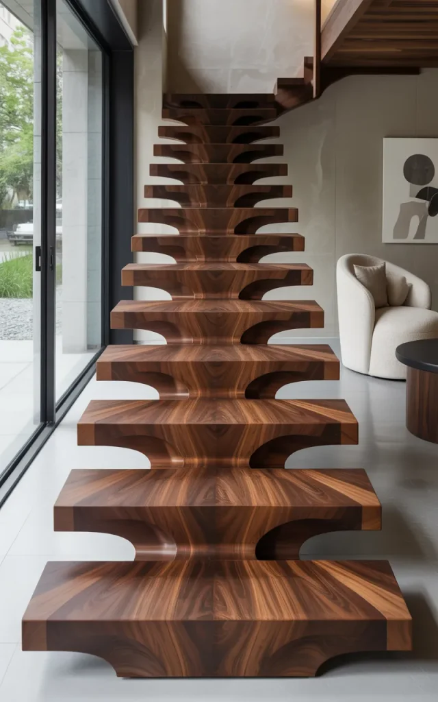 Design a staircase with waterfall-style wood grain