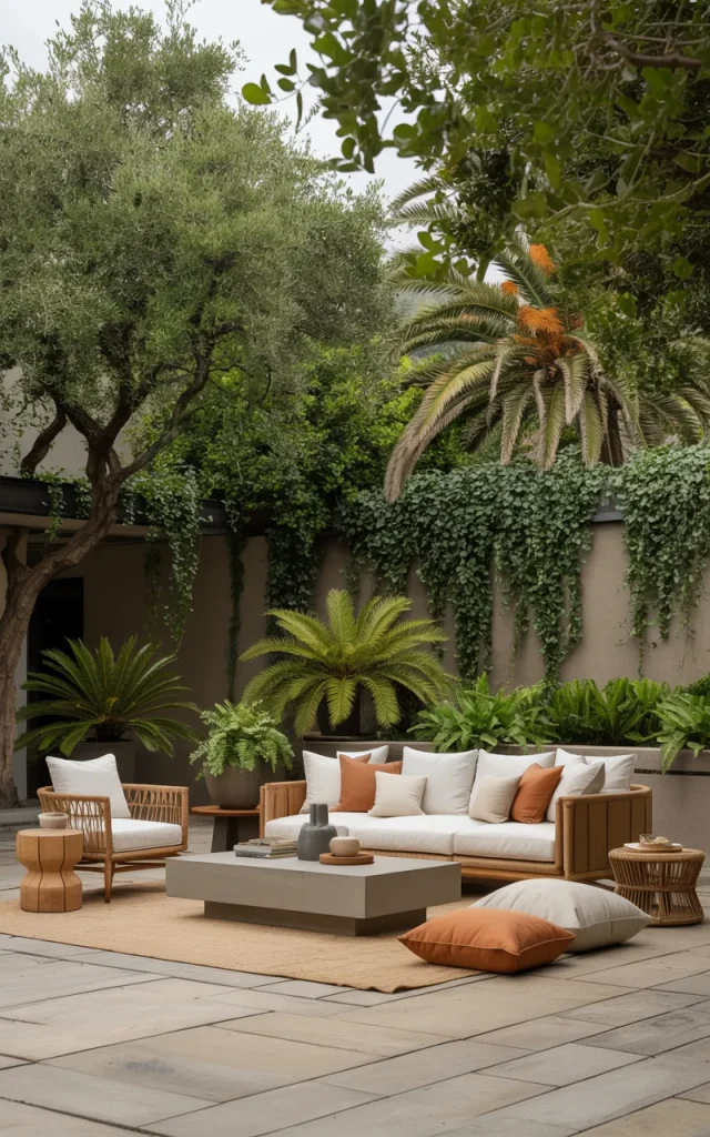 Design an outdoor living room with layered seating.