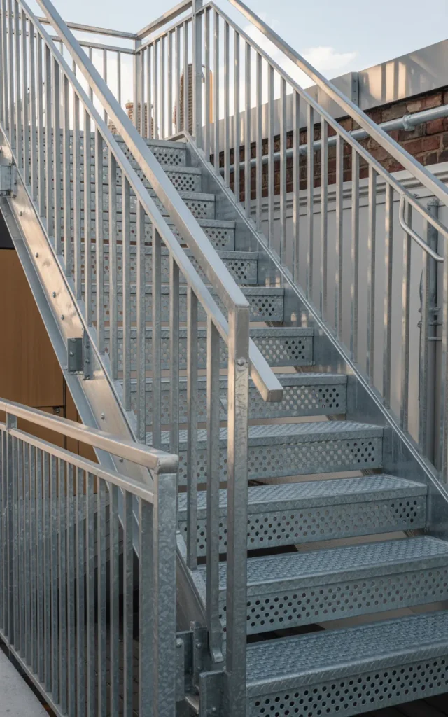 Design an outdoor steel staircase with weather-resistant finishes