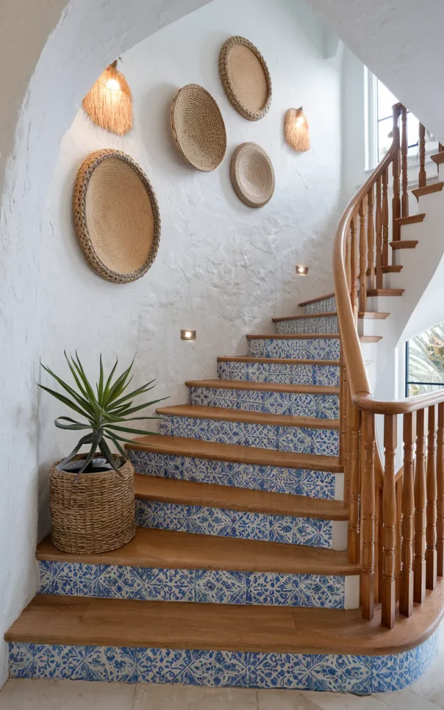 Experiment with blue Mediterranean tiles for coastal charm