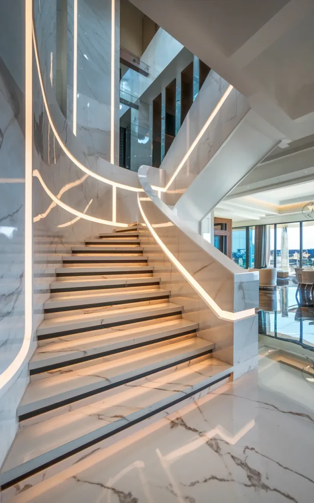 Extend marble-look tiles onto nearby walls for a luxury effect