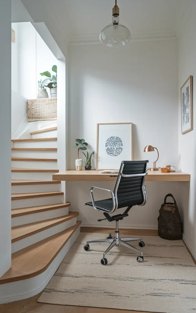 Float a narrow desk to create a staircase landing workspace