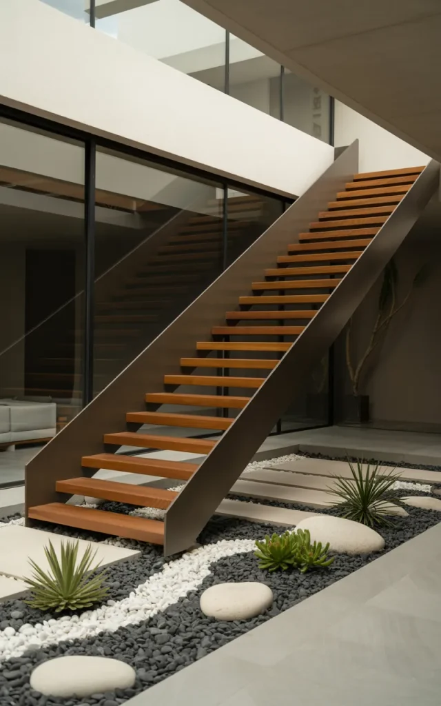 Float the staircase above a pebble bed feature