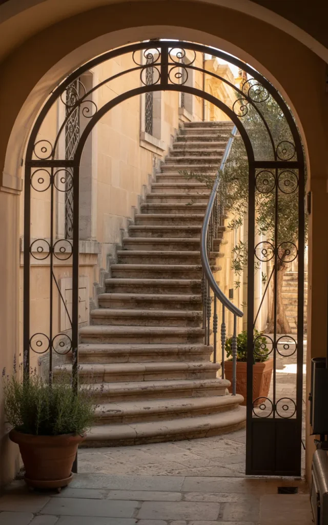 Frame your staircase with wrought iron arches