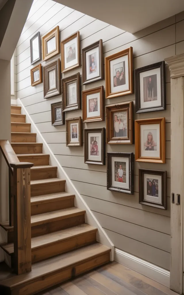 Hang family photos in mismatched wooden frames