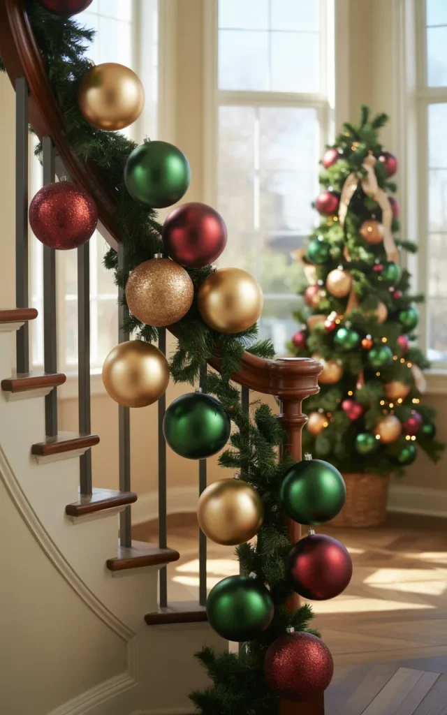 Hang oversized ornaments from the railing