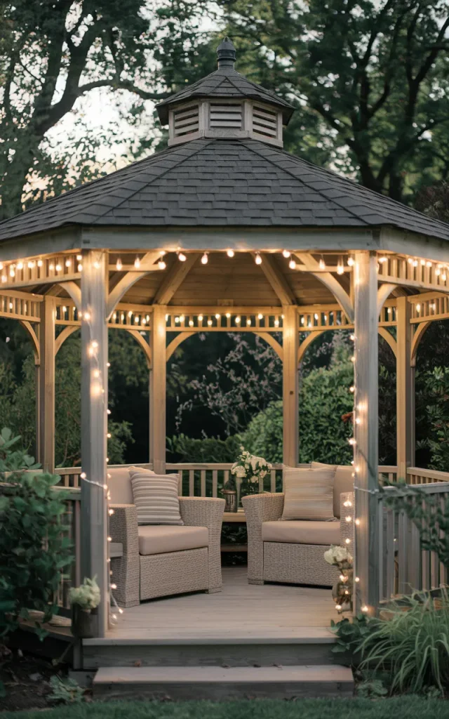 Hang string lights around the roofline.