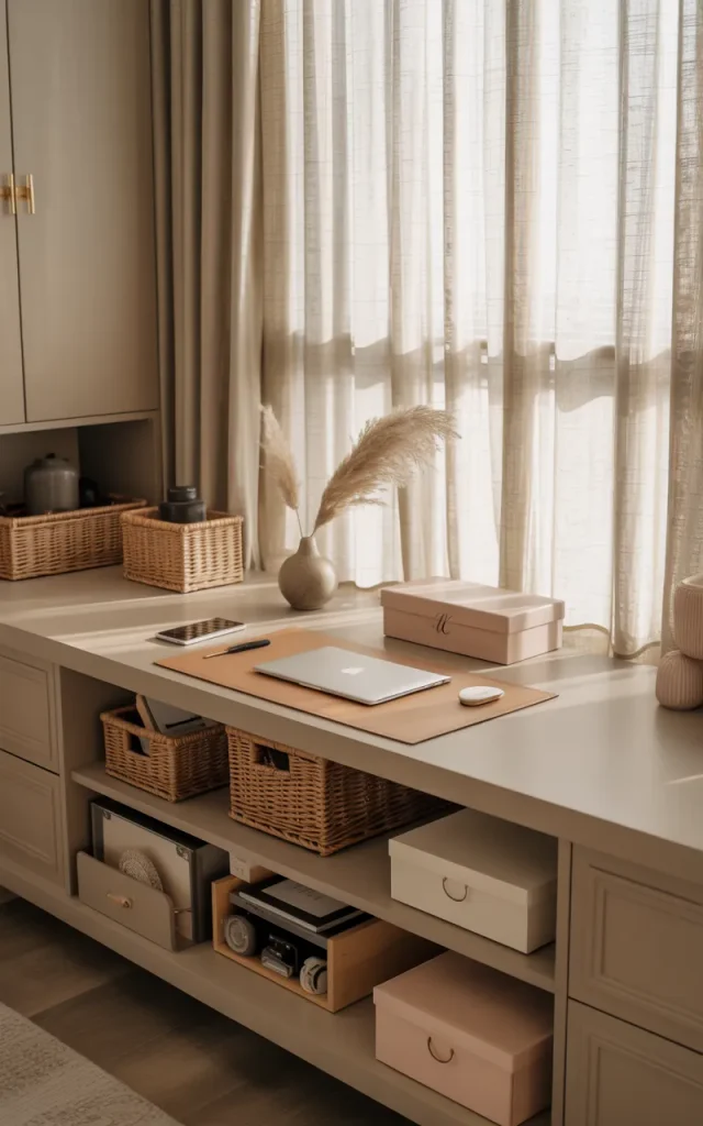 Hide office clutter behind pretty storage.
