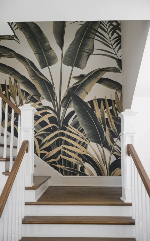 Highlight the landing wall with a bold tropical print