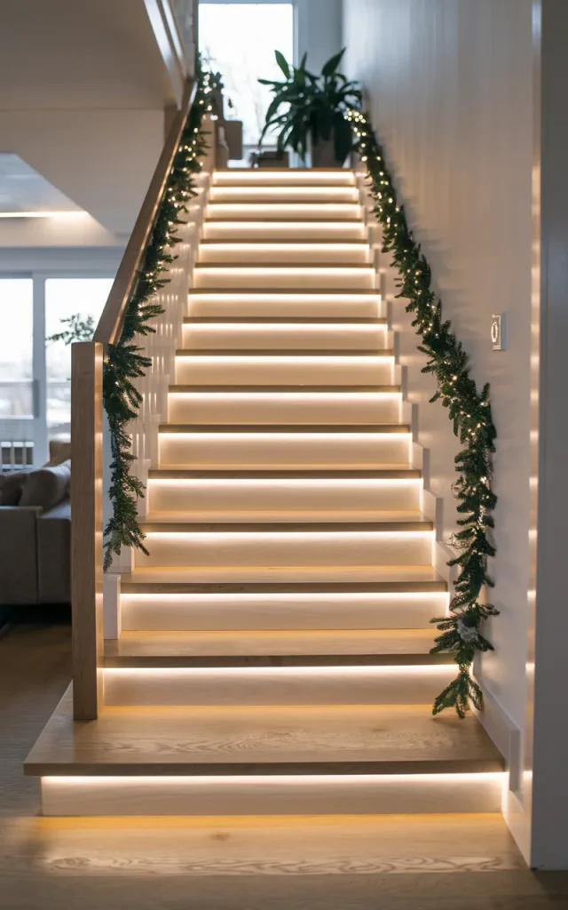 Illuminate the staircase with LED strip lights underneath the railing
