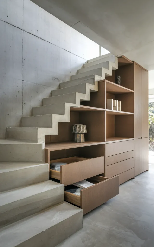 Incorporate built-in storage beneath the stairs