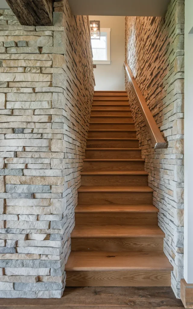Incorporate stone accents near the staircase wall
