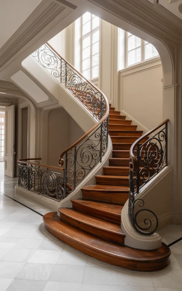 Install a classic curved wrought iron staircase with ornate detailing