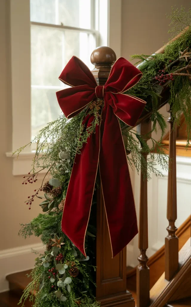Install a statement holiday bow at the newel post