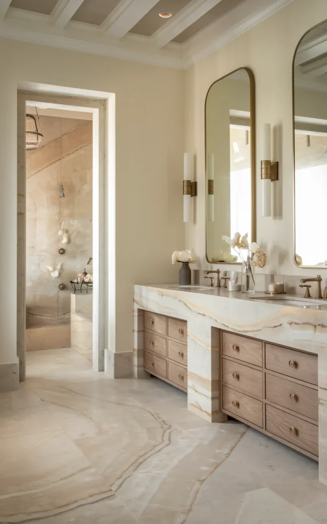 Install a warm-toned stone vanity top