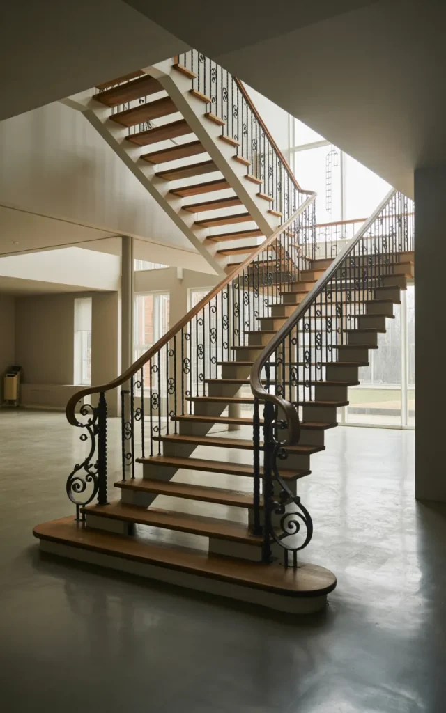 Install an open-riser staircase with wrought iron railings