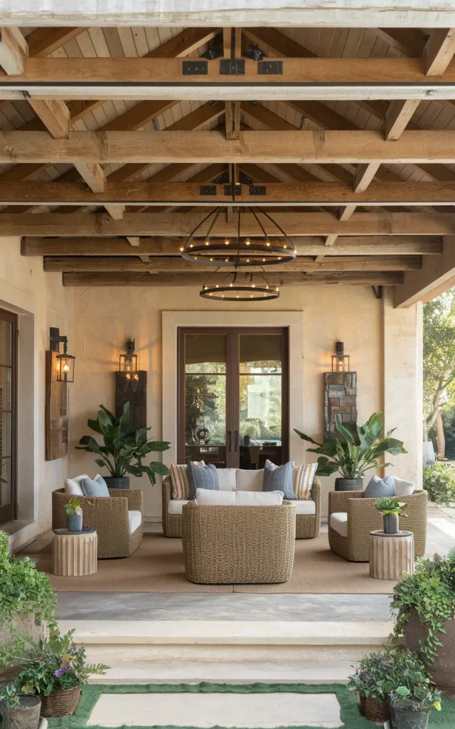 Install an outdoor ceiling with exposed beams.