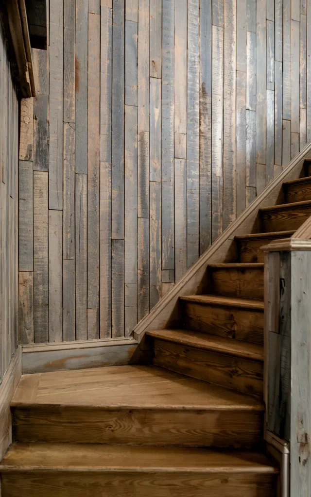 Install barn-style wood paneling beside the stairs