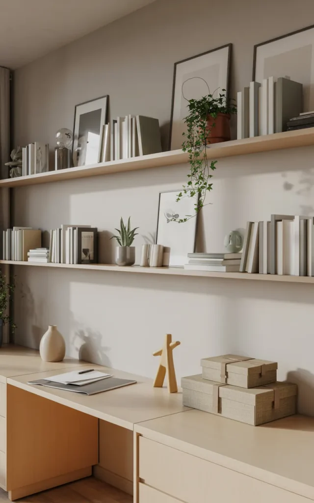 Install floating shelves above the desk.