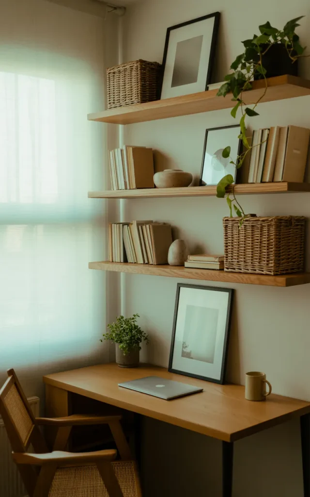 Install floating shelves above the desk.