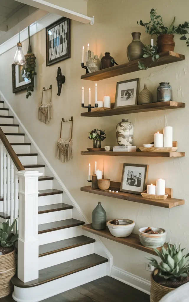 Install open wooden shelves along the stair wall