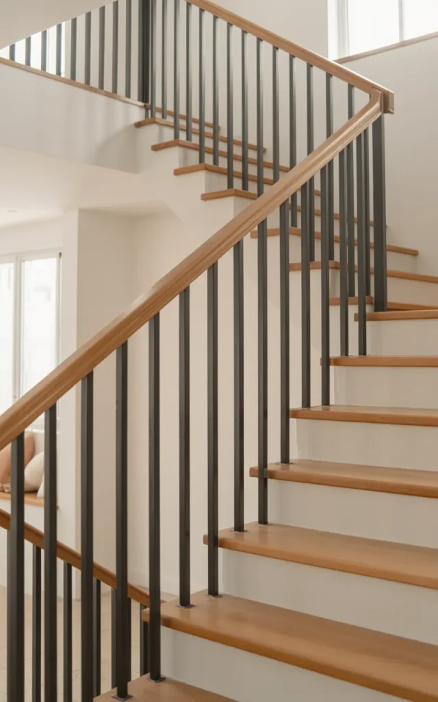 Install sleek black metal balusters