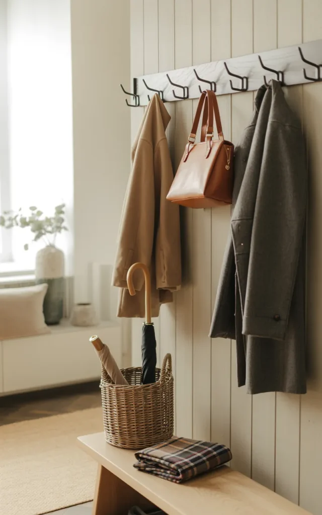 Install wall hooks for coats and bags.