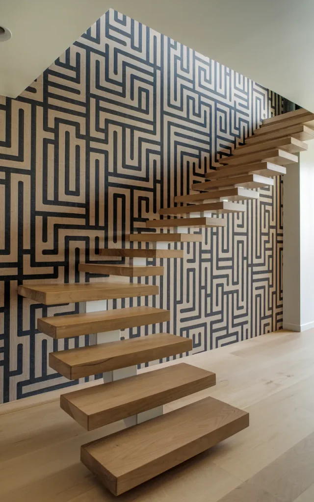 Install wallpaper behind floating stairs for impact