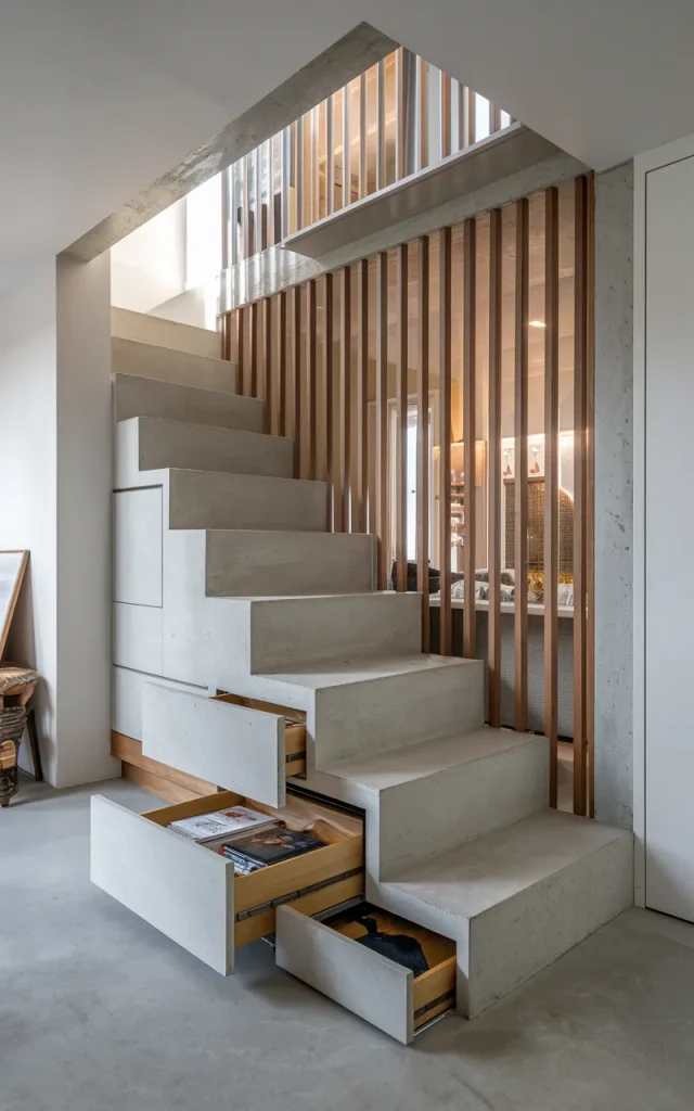 Integrate hidden storage drawers into thick concrete treads