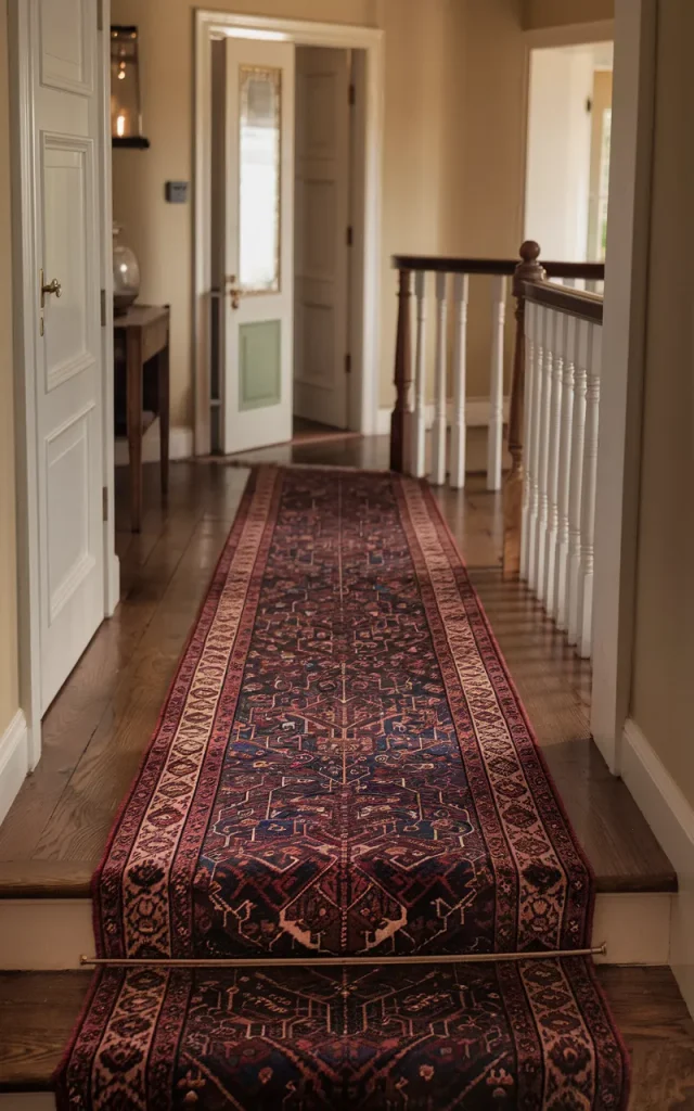 Introduce a dramatic runner across the landing floor