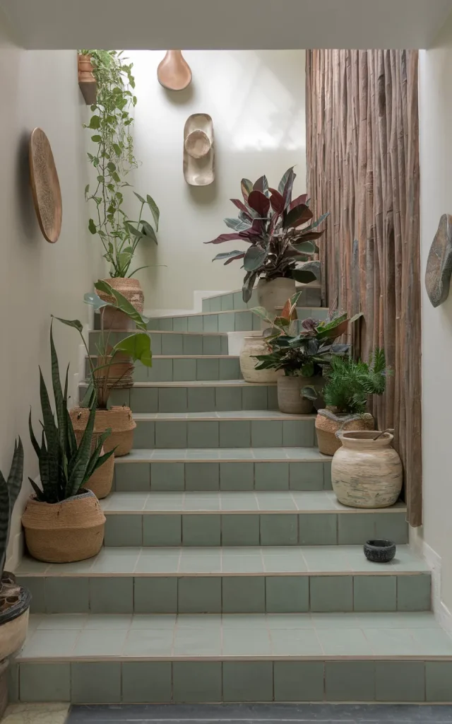 Introduce green tiles for a nature-inspired staircase