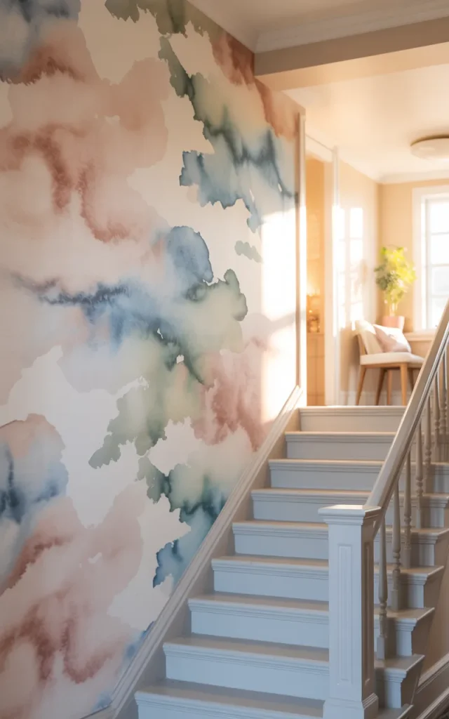 Layer a soft watercolor wallpaper for an airy look