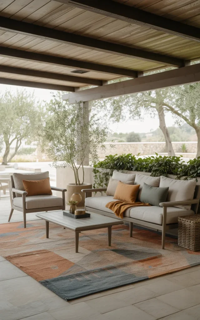 Layer outdoor rugs to define the seating area.
